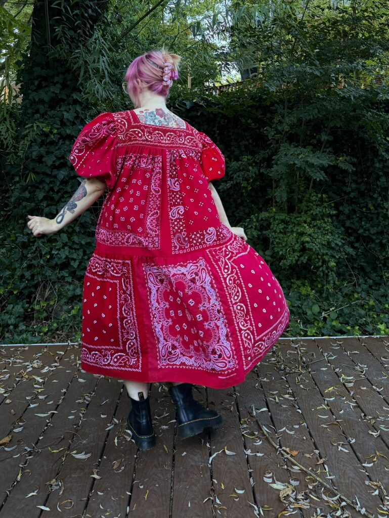 back of the red patchwork bandana dress